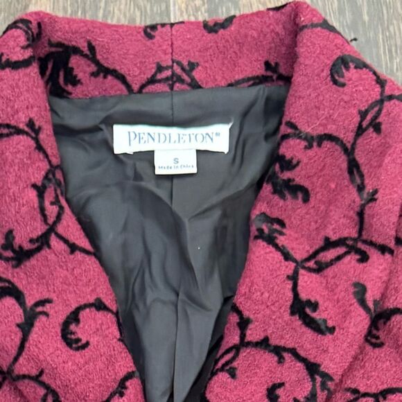 Pendleton Blazer Burgundy Black Flocked Scroll Wool Vintage High Low Sz S - Picture 15 of 15